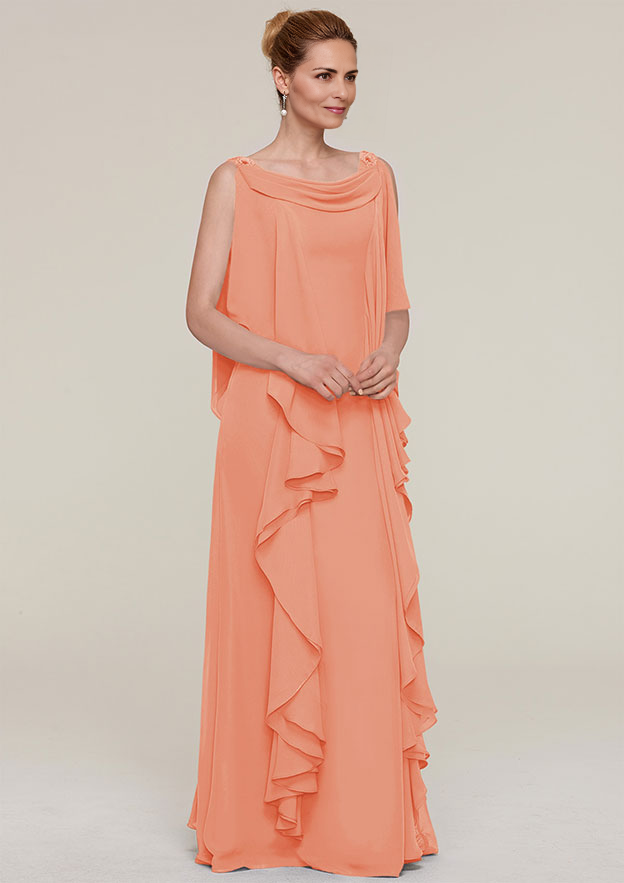 SheathColumn Cowl Neck Sleeveless Floor-Length Chiffon Mother of the Bride Dresses With Beading Ruffles