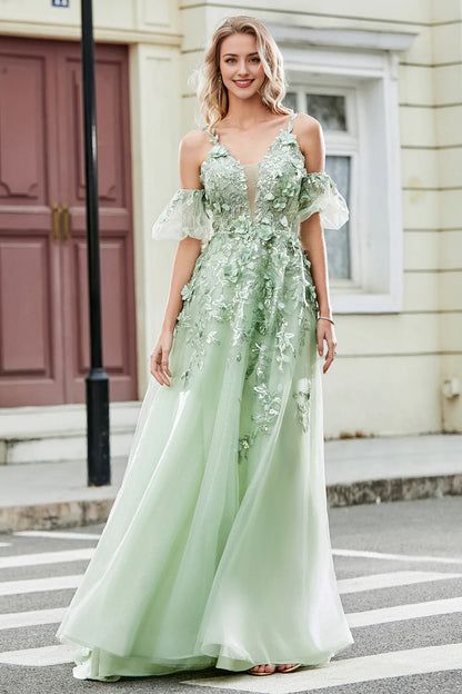 Green Removable Sleeves V-Neck Tulle Prom Dress with Appliques