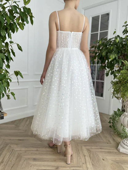 White Sweetheart Neck Tulle Tea Length Prom Dress Cocktail Dresses Homecoming Dress