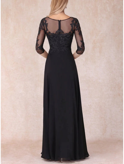 A-Line Mother of the Bride Dress Wedding Guest Elegant V Neck Floor Length Chiffon Lace with Ruching