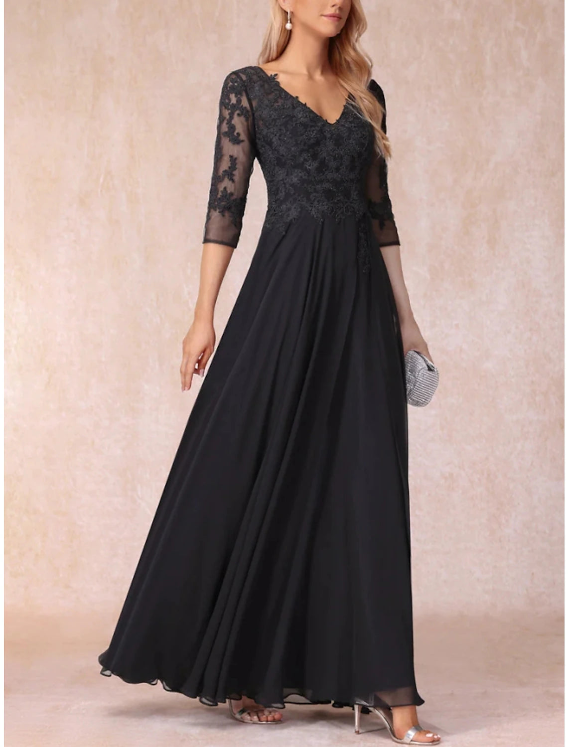 A-Line Mother of the Bride Dress Wedding Guest Elegant V Neck Floor Length Chiffon Lace with Ruching