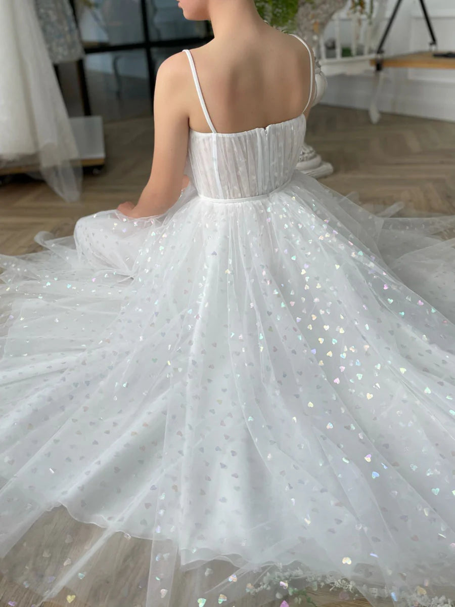 White Sweetheart Neck Tulle Tea Length Prom Dress Cocktail Dresses Homecoming Dress