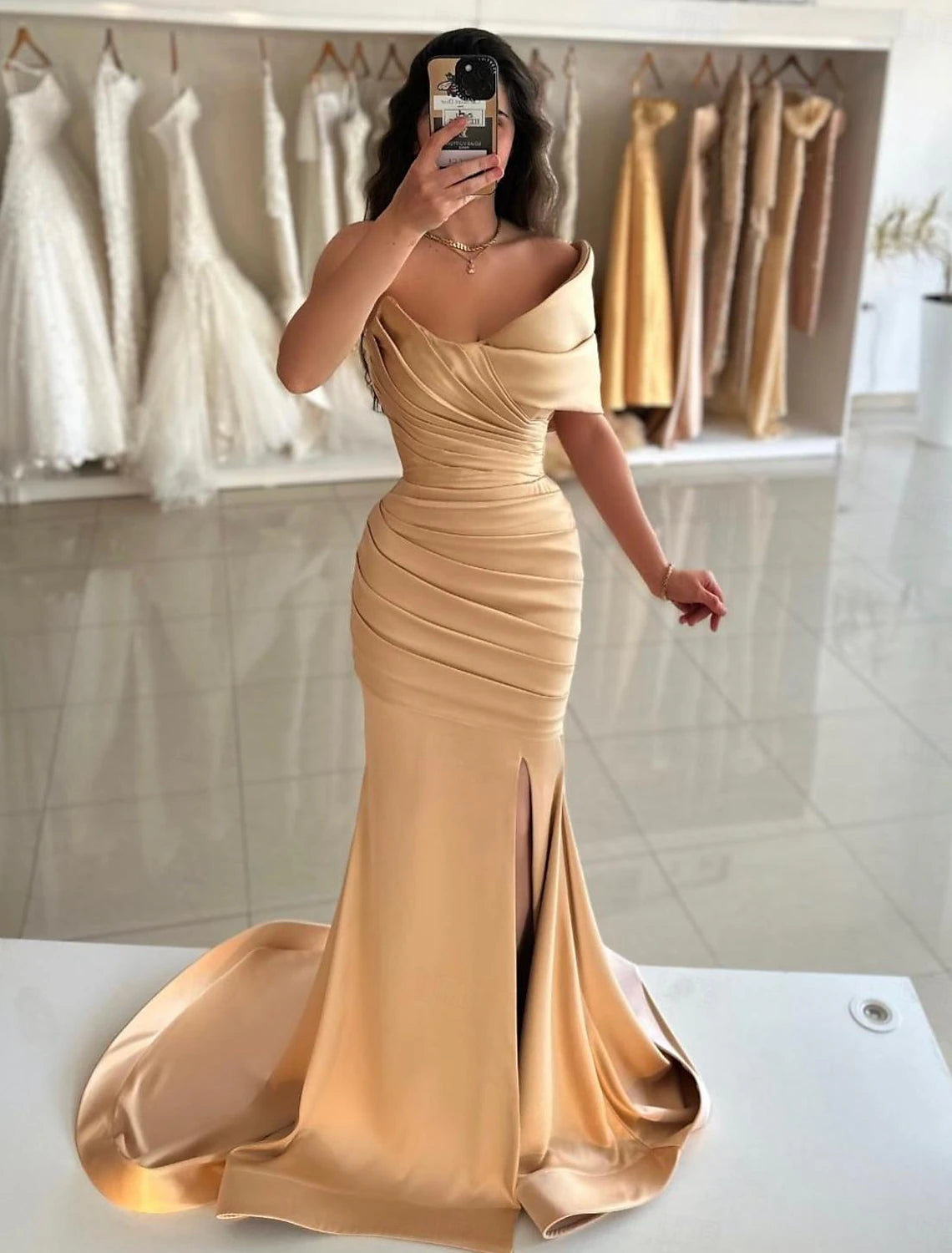 Mermaid / Trumpet Prom Dresses Floor Length Sleeveless Off Shoulder Satin with Ruched Slit