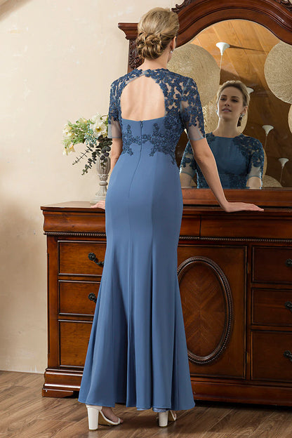 Blue Mermaid Open Back Mother of the Bride Dress with Slit