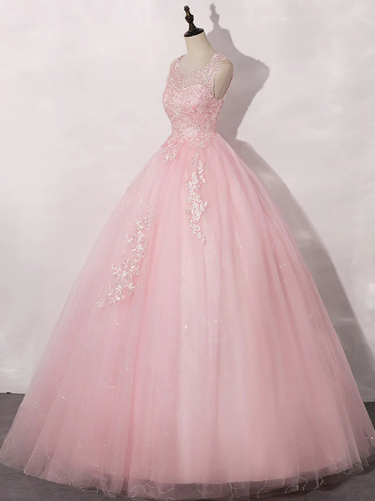 A-Line Round Neck Tulle Lace Pink Long Prom Dress Ball Gown Quinceanera Dresses