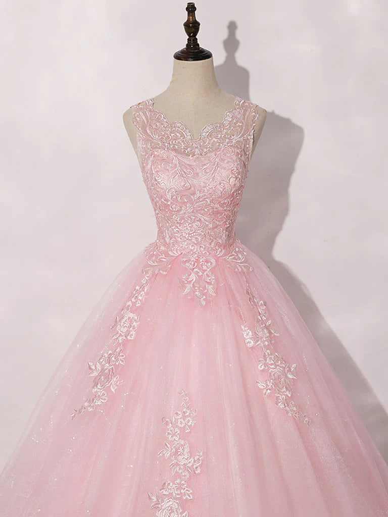 A-Line Round Neck Tulle Lace Pink Long Prom Dress Ball Gown Quinceanera Dresses