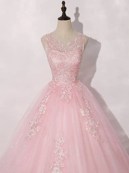 A-Line Round Neck Tulle Lace Pink Long Prom Dress Ball Gown Quinceanera Dresses