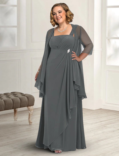 Plus Size A-Line Wedding Guest Square Neck Floor Length Chiffon Mother of the Bride Dress