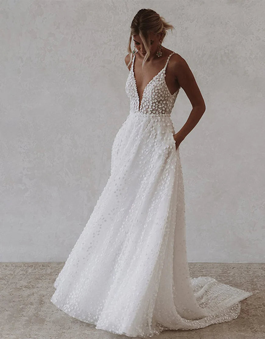 A-Line Boho Wedding Dress with Open Back