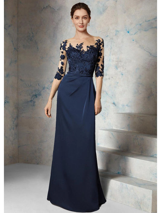 Simple Jewel Neck Sheath / Column Mother of the Bride Dress Wedding Guest Elegant Floor Length Chiffon with Appliques