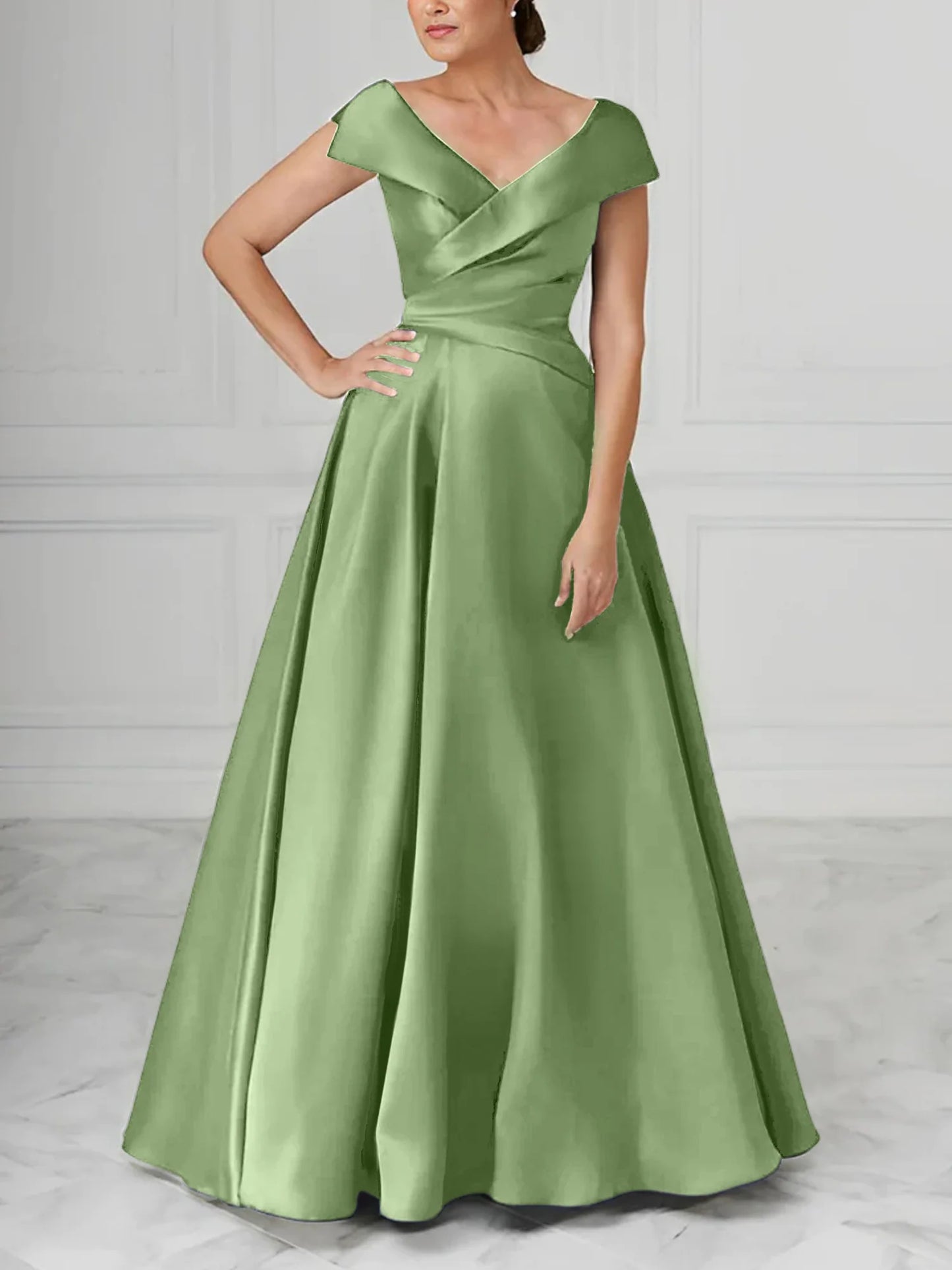 A-Line V-Neck Satin Long Mother Of The Bride Dresses With Ruched