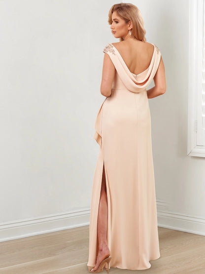 Sheath/Column V-Neck Peach Floor-Length Mother Of The Bride Dresses With Slit