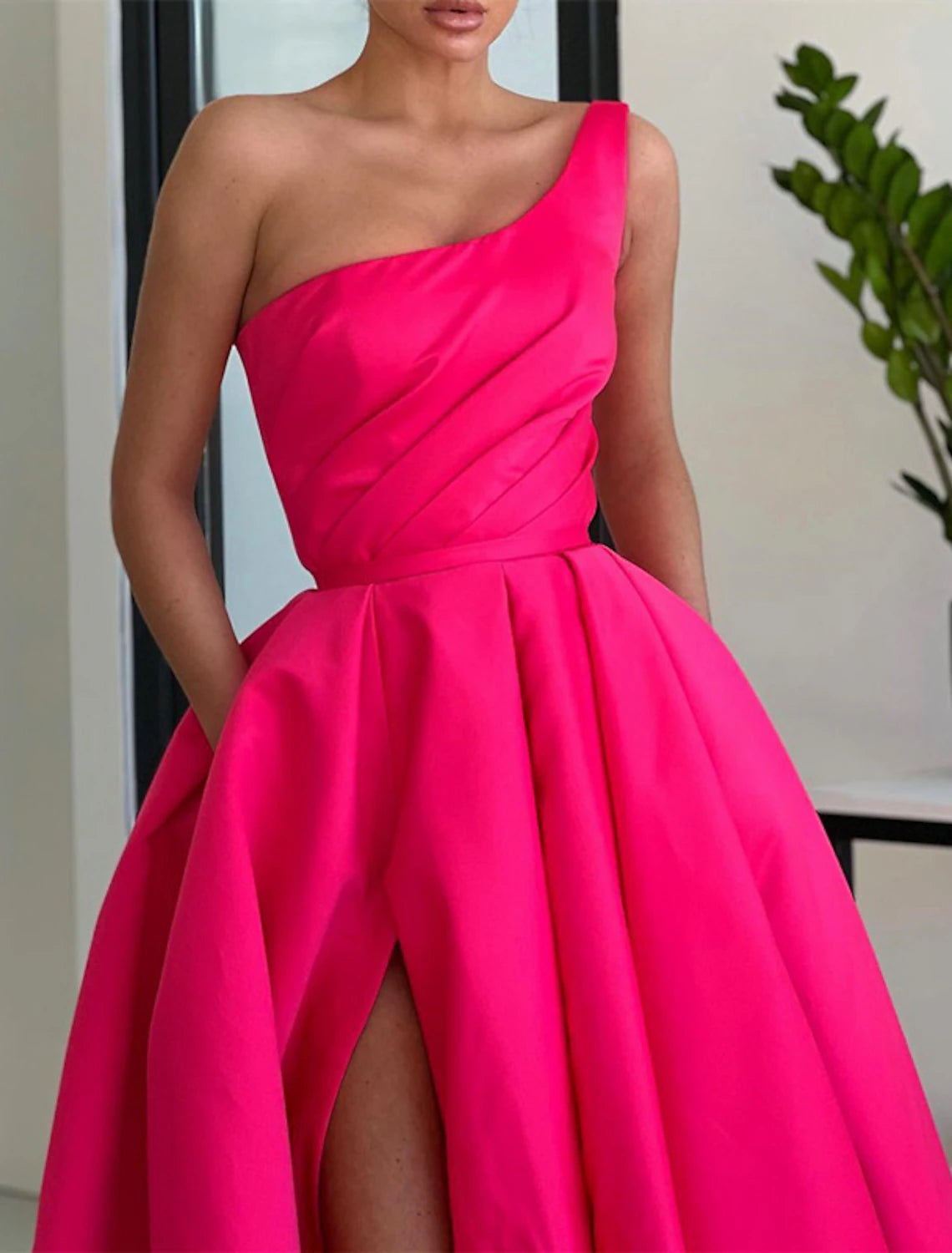 A-Line Prom Dresses Party Dress Formal Wedding Guest One Shoulder Satin with Ruched Slit