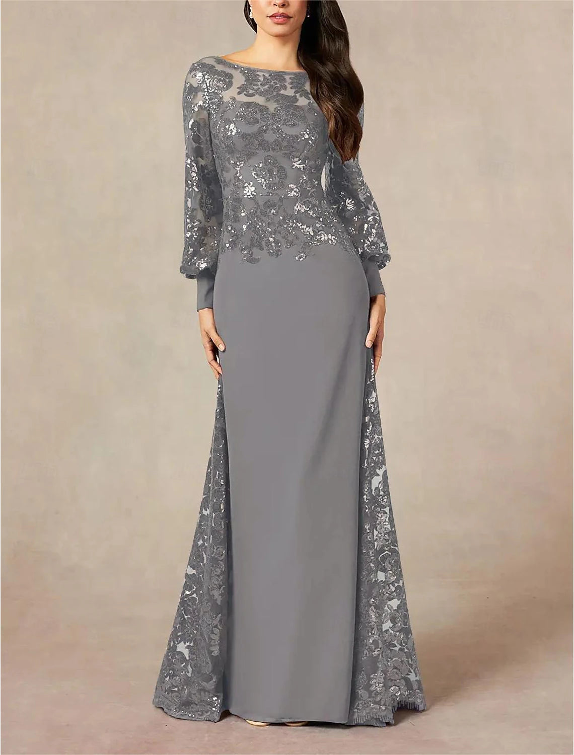 A-Line Jewel Neck Floor Length Chiffon Sequined Sequin Mother of the Bride Dress