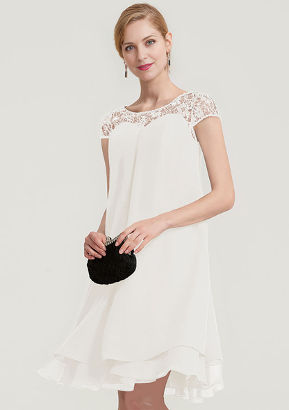 A-line/Princess Bateau Short Sleeve Knee-Length Chiffon Mother of the Bride Dress With Beading Ruffles