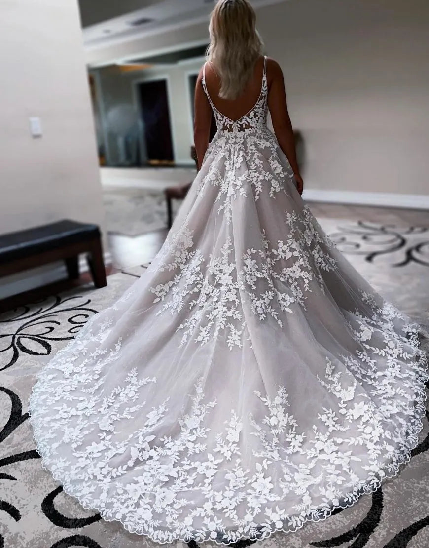 A-Line Chapel Train Deep V-Neck Wedding Dress With Appliques