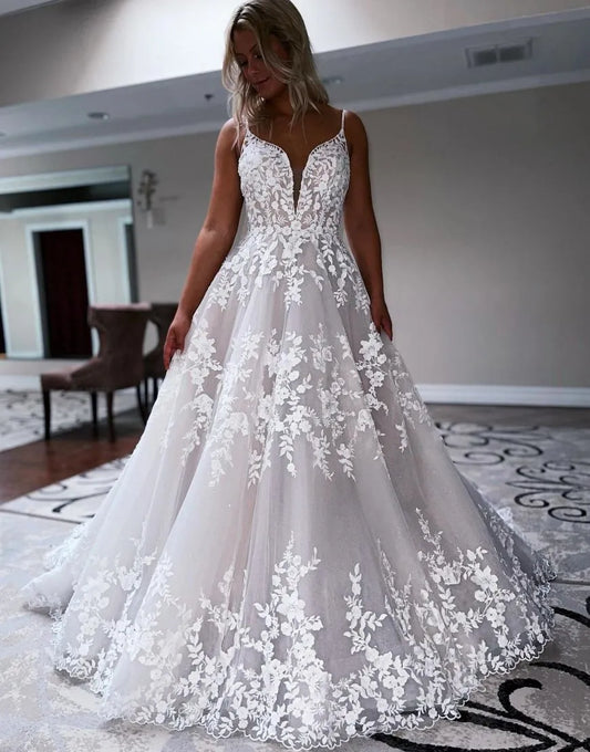 A-Line Chapel Train Deep V-Neck Wedding Dress With Appliques