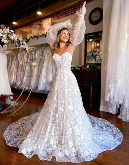 A-Line Chapel Train Lace Wedding Dress With Detachable Sleeves