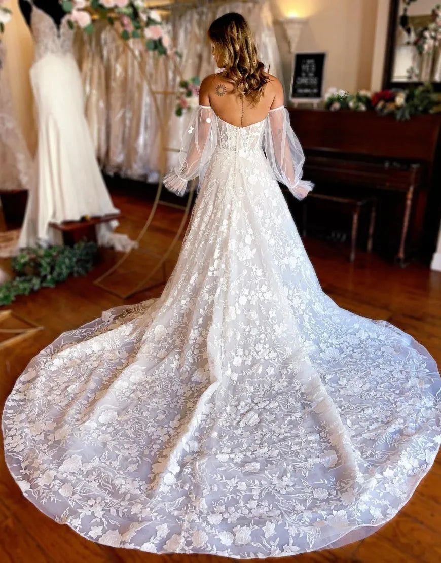 A-Line Chapel Train Lace Wedding Dress With Detachable Sleeves