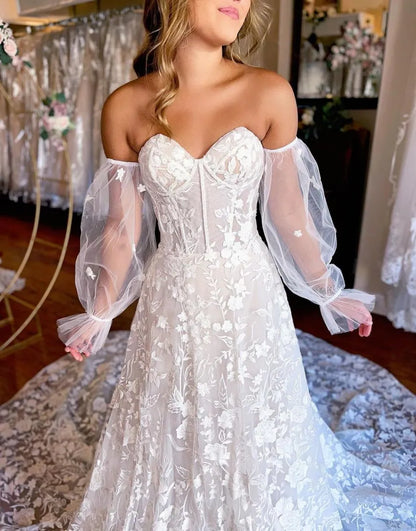 A-Line Chapel Train Lace Wedding Dress With Detachable Sleeves