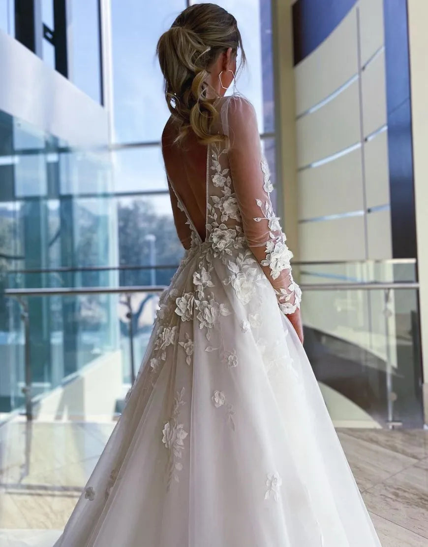 A-Line Deep V-Neck Long Sleeves Wedding Dress With Appliques