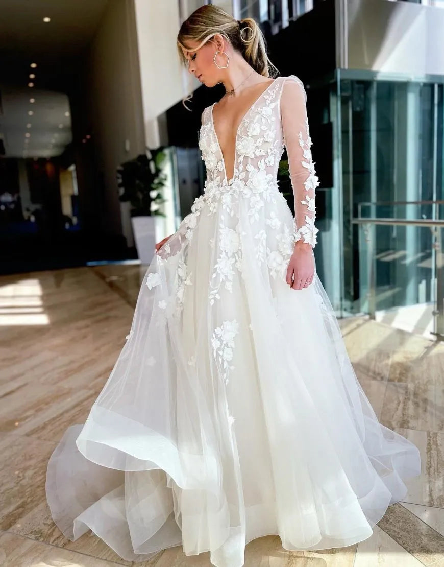 A-Line Deep V-Neck Long Sleeves Wedding Dress With Appliques