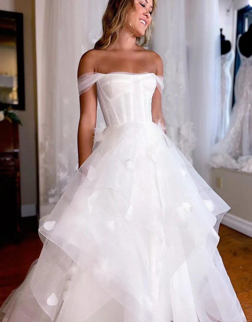 A-Line Floor Length Off The Shoulder Ruffles Wedding Dress