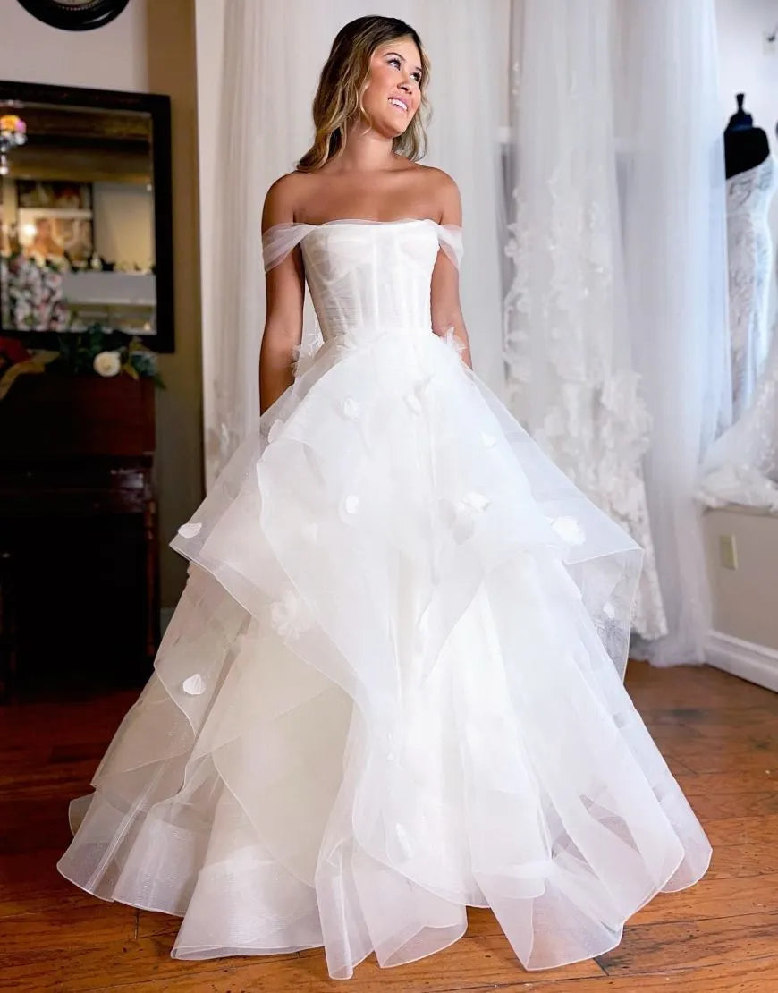 A-Line Floor Length Off The Shoulder Ruffles Wedding Dress