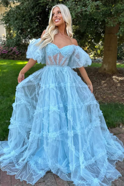 A-Line Off The Shoulder Long Tulle Prom Party Dress With Belt