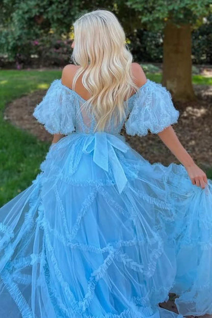 A-Line Off The Shoulder Long Tulle Prom Party Dress With Belt