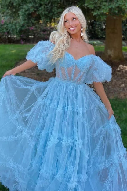 A-Line Off The Shoulder Long Tulle Prom Party Dress With Belt