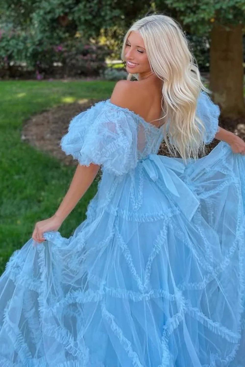 A-Line Off The Shoulder Long Tulle Prom Party Dress With Belt