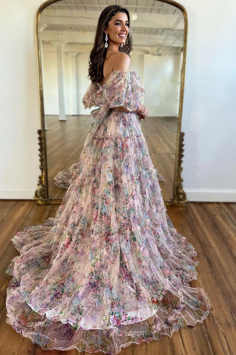 A-Line Off The Shoulder Long Tulle Prom Party Dress With Belt