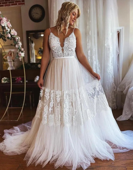 A-Line Court Train Spaghetti Straps Boho Tulle Wedding Dress