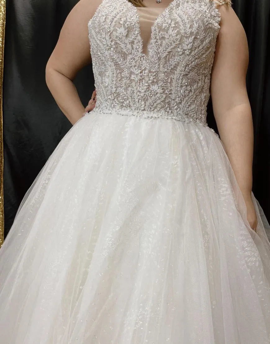 A-Line Spaghetti Straps Court Train Tulle Glitter Plus Size Wedding Dress