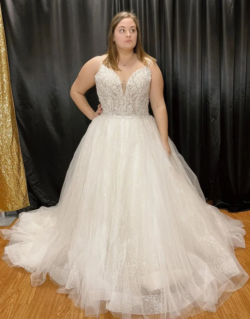 A-Line Spaghetti Straps Court Train Tulle Glitter Plus Size Wedding Dress