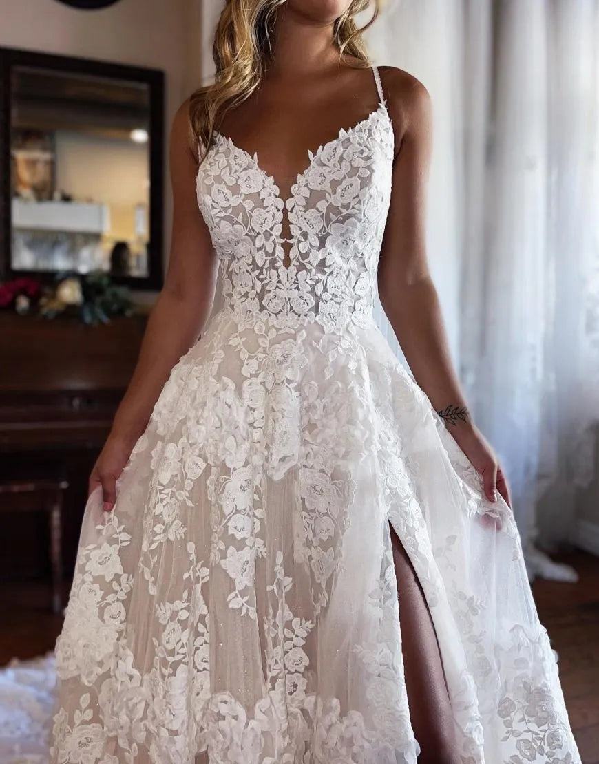 A-Line Spaghetti Straps Lace Wedding Dress With Split