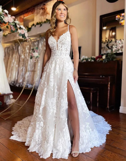 A-Line Spaghetti Straps Lace Wedding Dress With Split