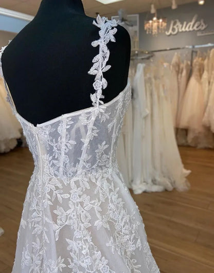 A-Line Spaghetti Straps Zipper Back Court Train Wedding Dress With Appliques