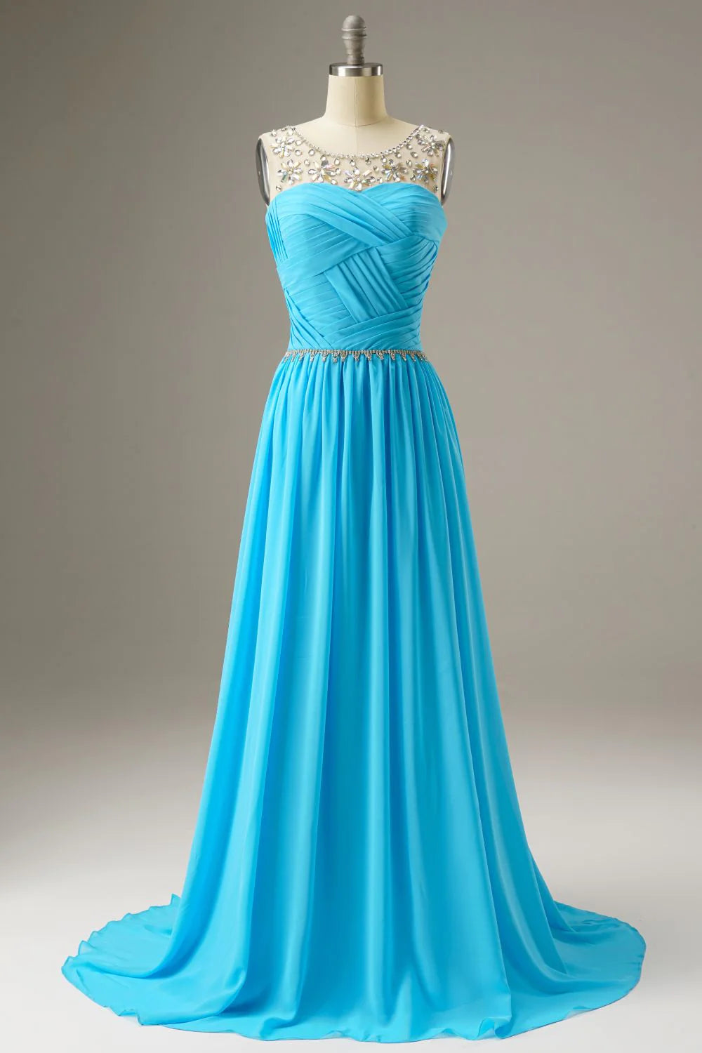 A-Line Sweep Train Chiffon Long Dress WIth Beading