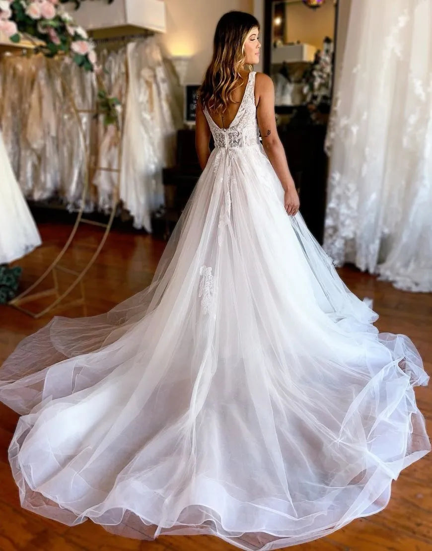 A-Line V-Neck Chapel Train Organza Wedding Dress With Appliques