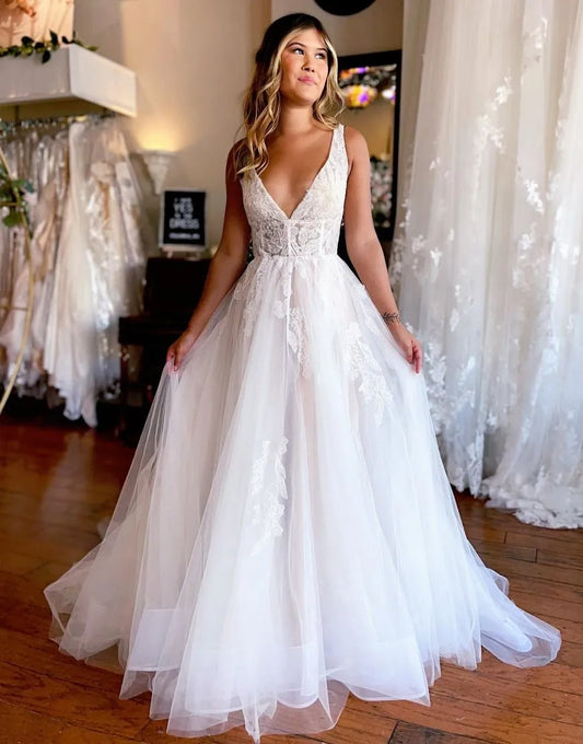 A-Line V-Neck Chapel Train Organza Wedding Dress With Appliques