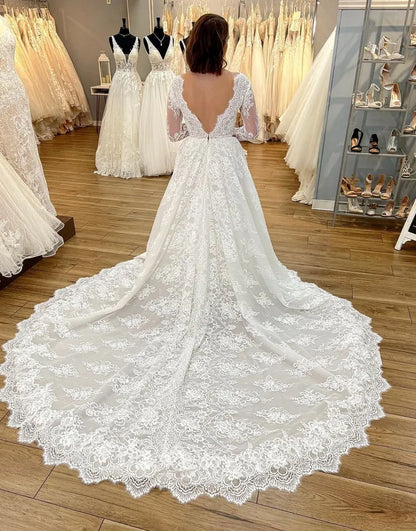 A-Line V-Neck Long Sleeves Chapel Train Lace Wedding Dress