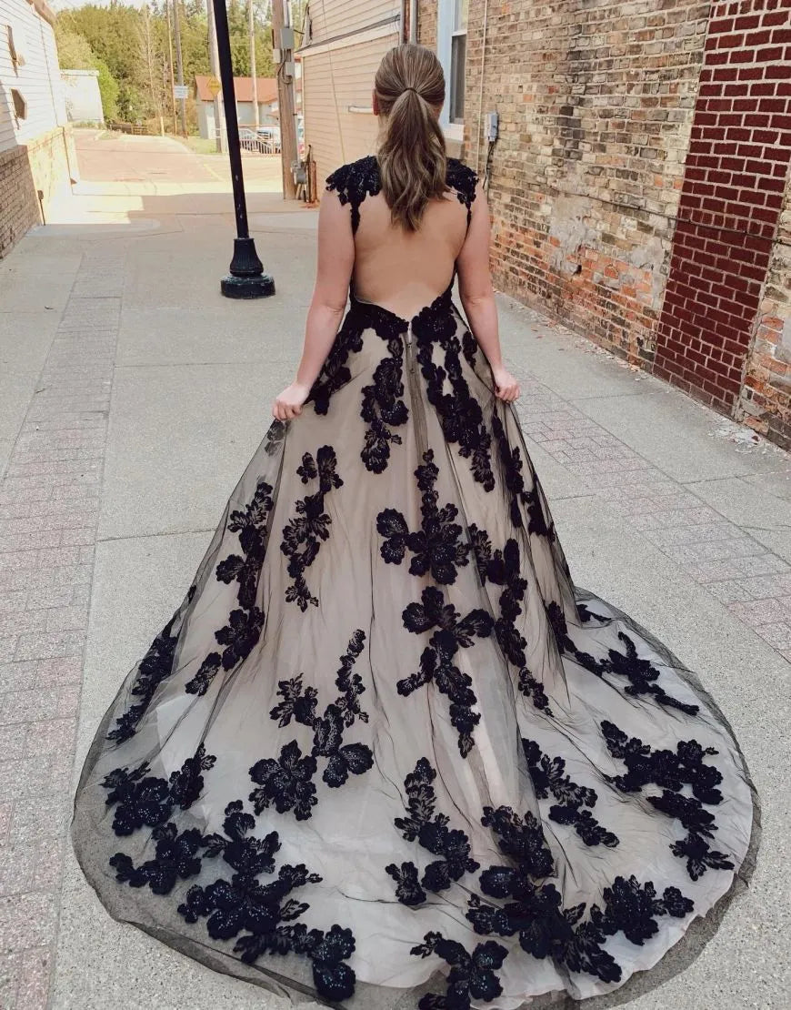 Black Champagne Open Back Court Train Wedding Dress With Appliques