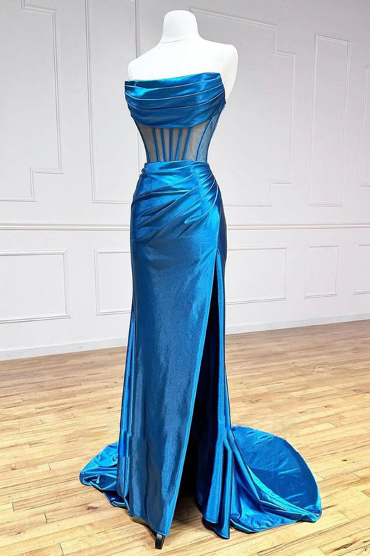 Blue Mermaid Strapless Sweep Train Satin Prom Dress With Split And Pleating