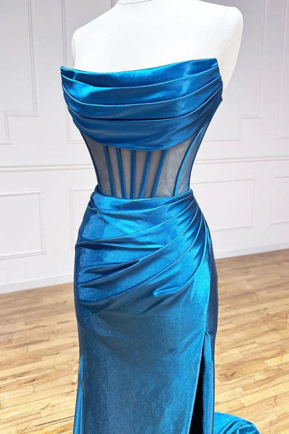 Blue Mermaid Strapless Sweep Train Satin Prom Dress With Split And Pleating