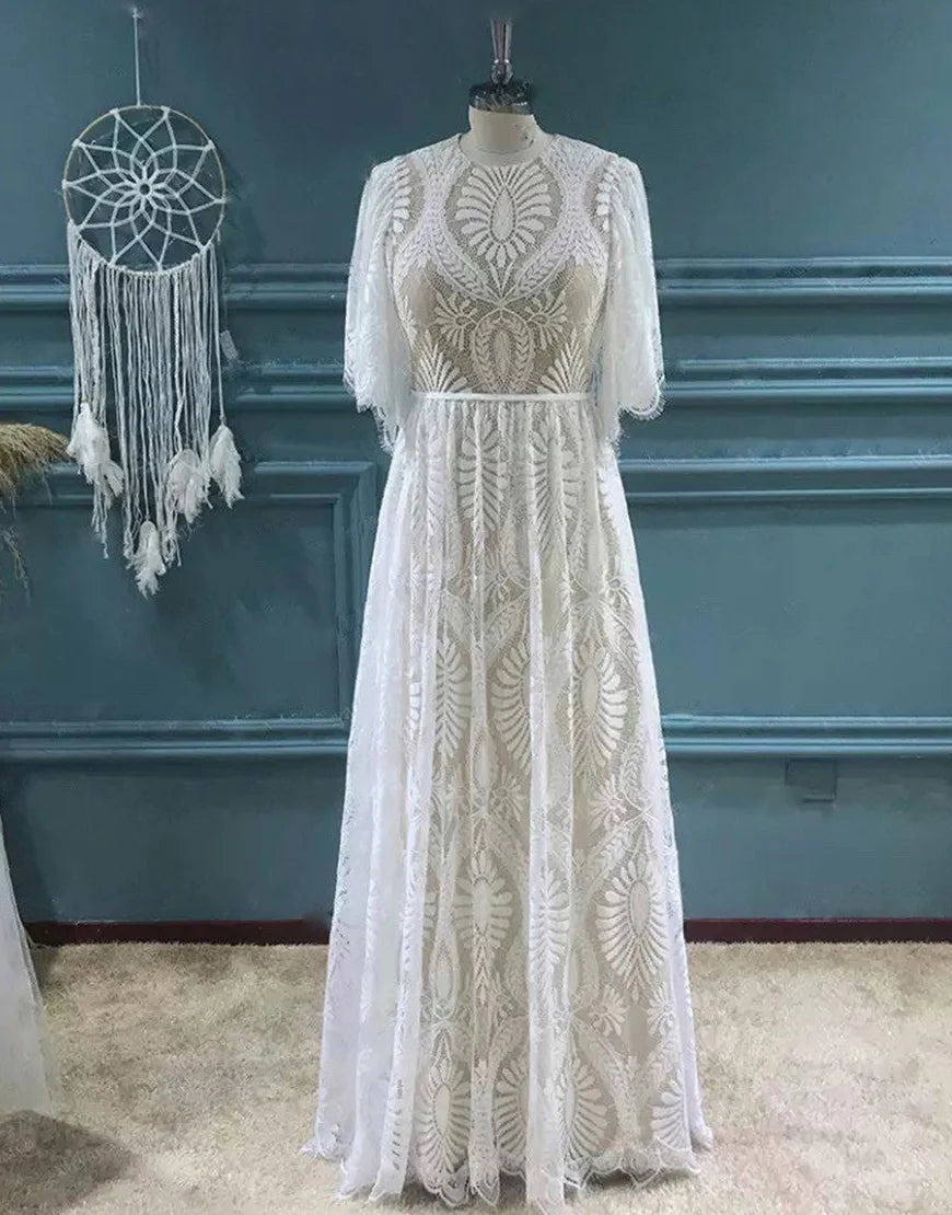 A-line Boho Lace Long Dress Wedding Dress with Sleeves