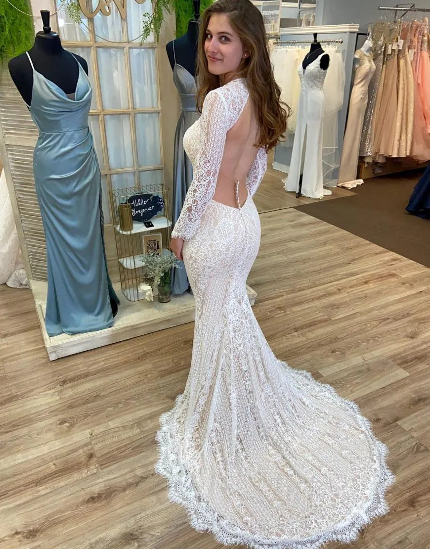 Boho Mermaid Round Neck Long Sleeves Open Back Lace Wedding Dress