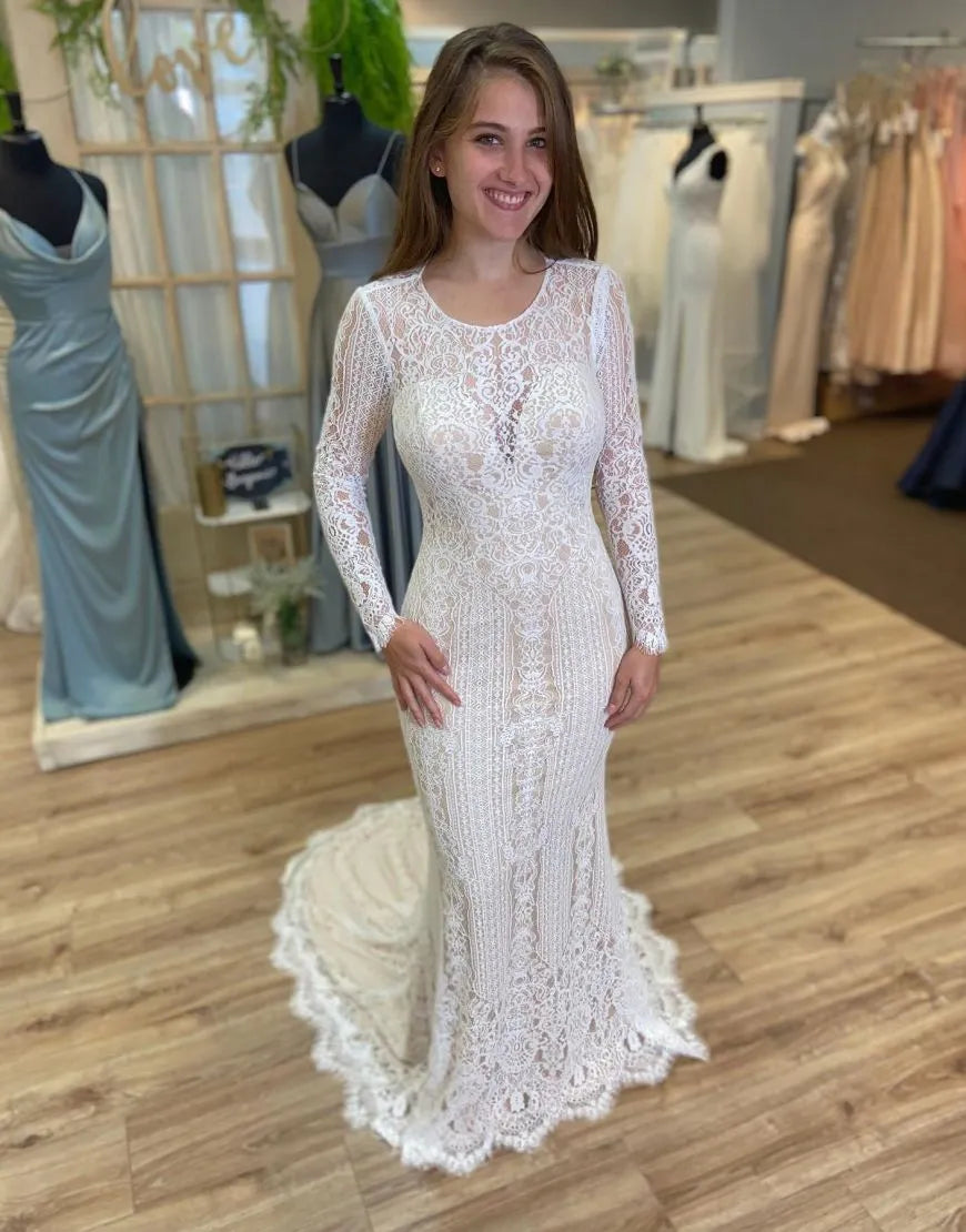 Boho Mermaid Round Neck Long Sleeves Open Back Lace Wedding Dress