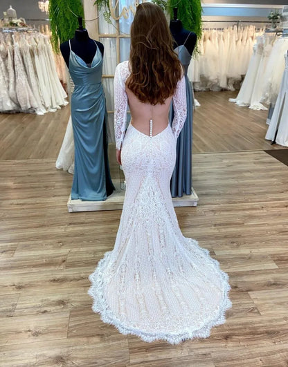 Boho Mermaid Round Neck Long Sleeves Open Back Lace Wedding Dress